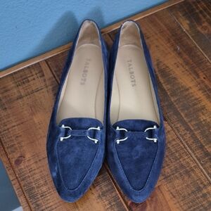 Talbots Navy Suede Loafers with Gold Accents